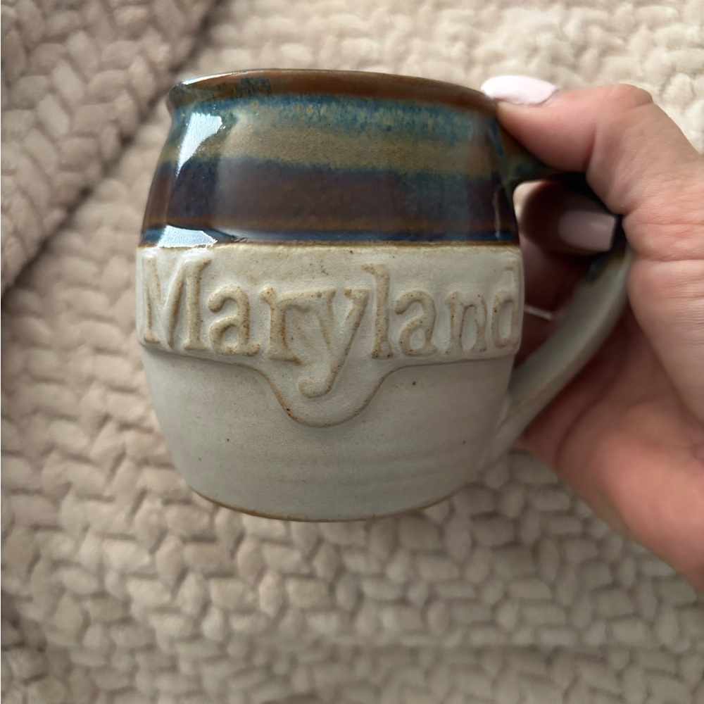 Maryland Hand Made Ceramic Mug with Blue and Brown Accents